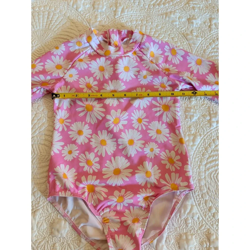 Little Girls Pink Daisy Long Sleeve Rash Guard Swimsuit White Size 6/7